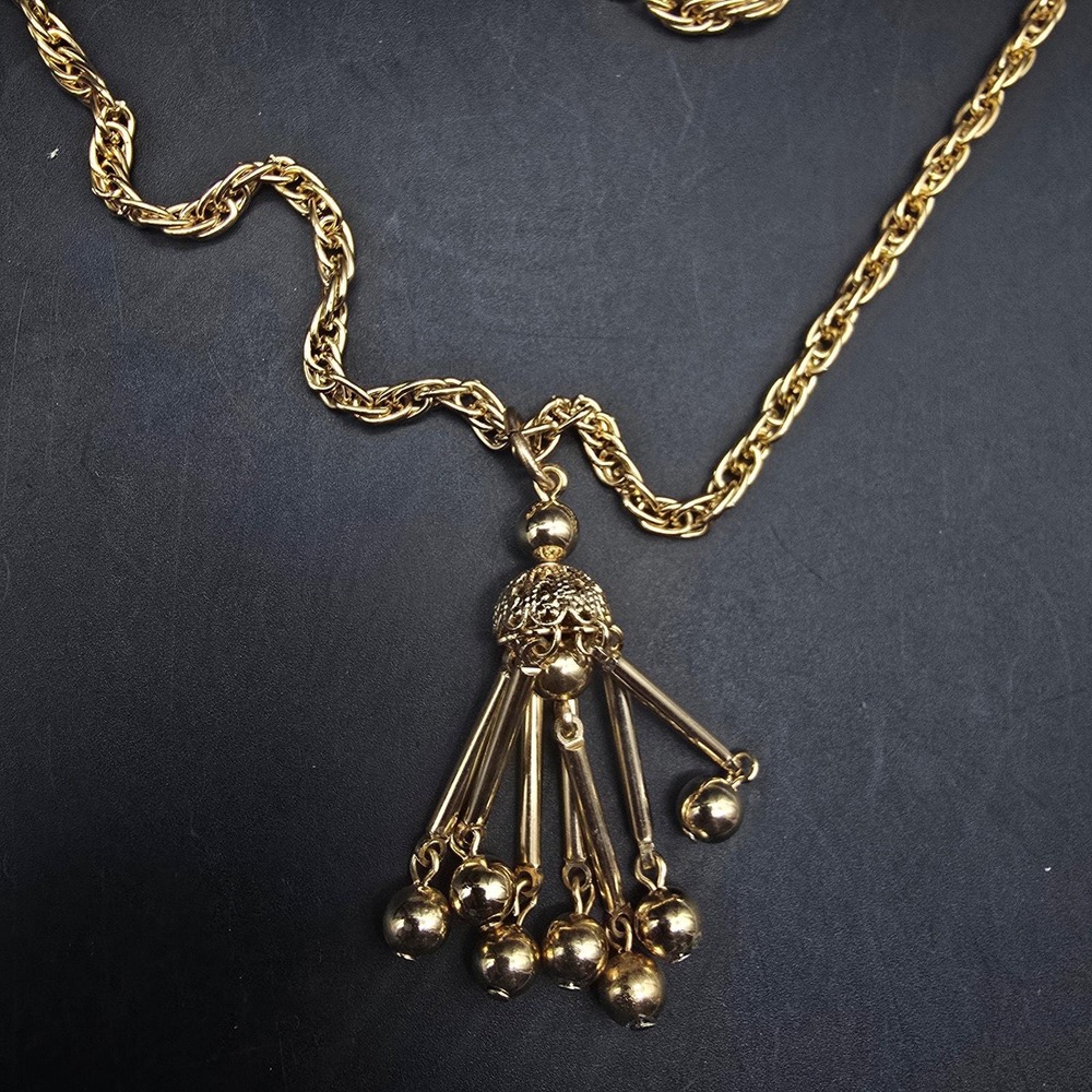 Vintage Gold Tone Tassel Pendant Necklace Bell Shape Costume Jewelry